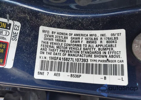 2007 Honda Civic Ex z USA, uszkodzony, nr VIN 1HGFA16827L107393
